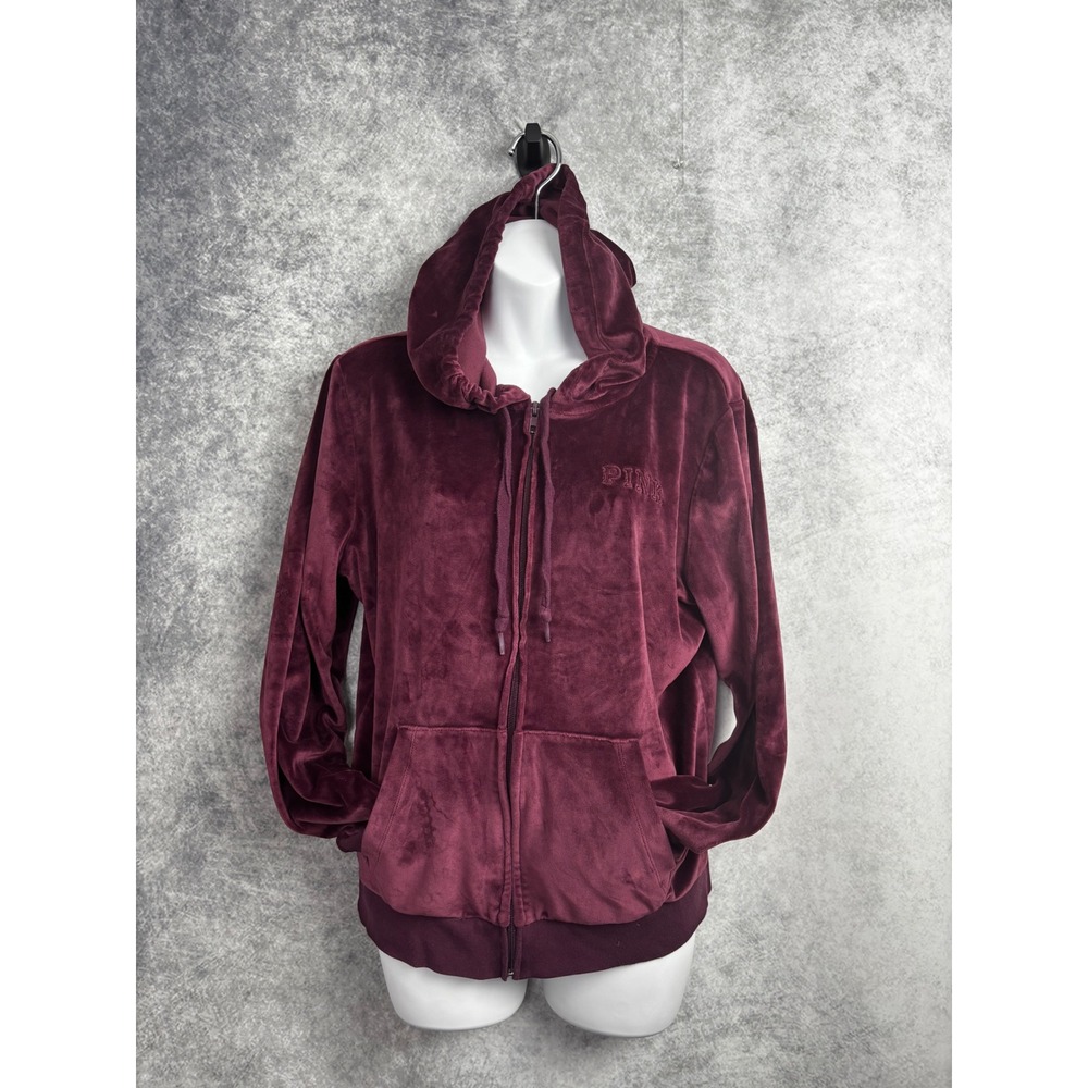 Victoria's Secret PINK Velour‎ Perfect Full Zip Jacket Hoodie Plum Size Large